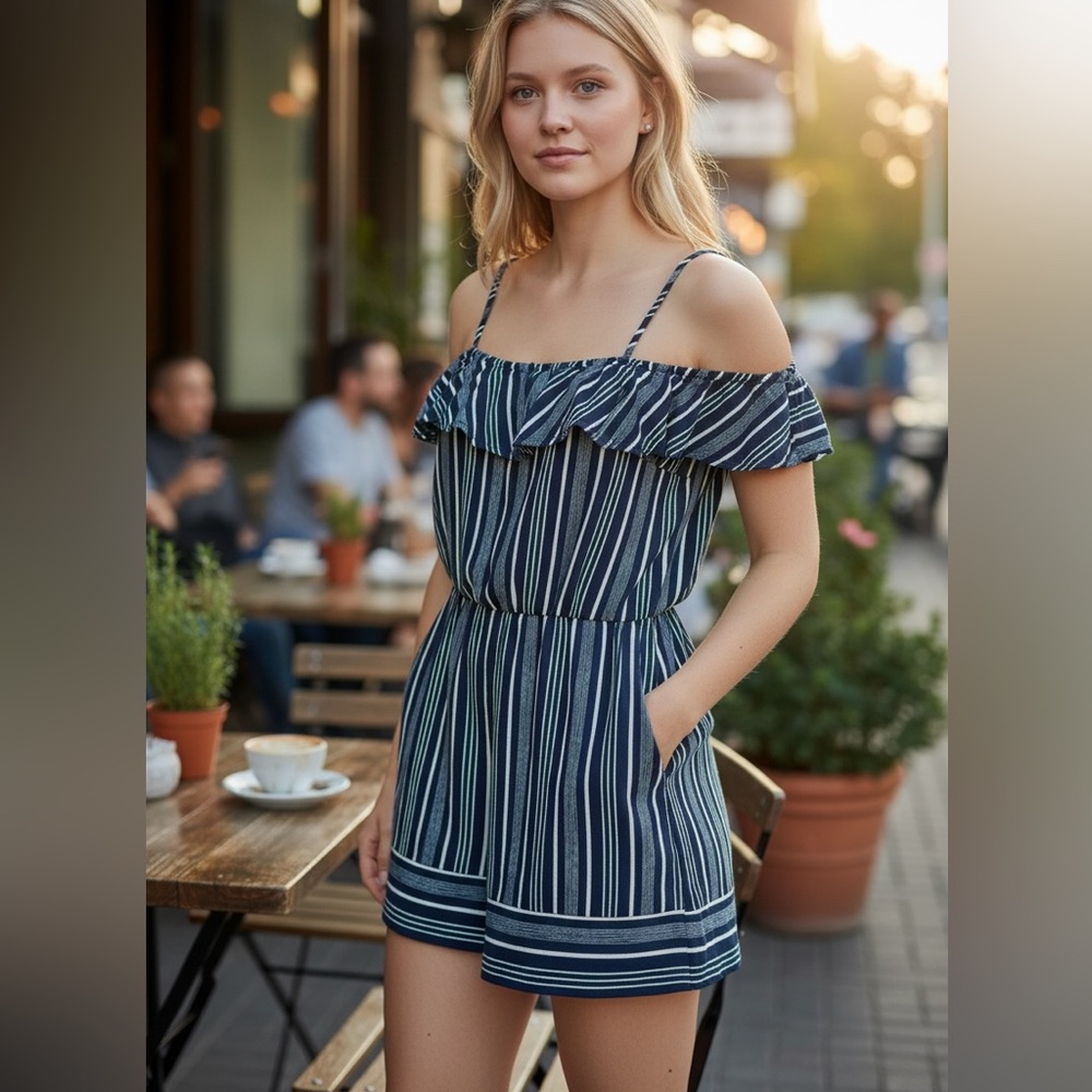 Striped Navy Off-Shoulder Romper